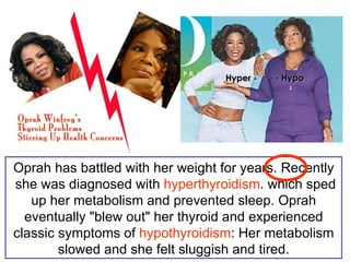 Oprah has battled with her weight for years. Recently  she was diagnosed with  hyperthyroidism . which sped up her metabolism and prevented sleep. Oprah eventually "blew out" her thyroid and experienced classic symptoms of  hypothyroidism : Her metabolism slowed and she felt sluggish and tired. Hyper -   - Hypo 