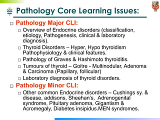 Pathology Core Learning Issues: Pathology Major CLI: Overview of Endocrine disorders (classification, etiology, Pathogenesis, clinical & laboratory diagnosis). Thyroid Disorders – Hyper, Hypo thyroidism Pathophysiology & clinical features. Pathology of Graves & Hashimoto thyroiditis. Tumours of thyroid – Goitre - Multinodular, Adenoma & Carcinoma (Papillary, follicular) Laboratory diagnosis of thyroid disorders. Pathology Minor CLI: Other common Endocrine disorders – Cushings sy. & disease, addisons, Sheehan’s,  Adrenogenital syndrome, Pituitary adenoma, Gigantism & Acromegaly, Diabetes insipidus.MEN syndromes. 