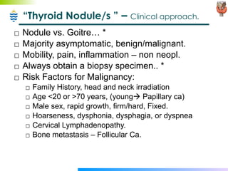 “ Thyroid Nodule/s ”  –  Clinical approach. Nodule vs. Goitre… *  Majority asymptomatic, benign/malignant. Mobility, pain, inflammation – non neopl. Always obtain a biopsy specimen.. * Risk Factors for Malignancy: Family History, head and neck irradiation Age <20 or >70 years, (young   Papillary ca) Male sex, rapid growth, firm/hard, Fixed. Hoarseness, dysphonia, dysphagia, or dyspnea Cervical Lymphadenopathy. Bone metastasis – Follicular Ca. 