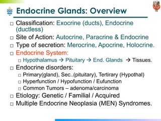 Endocrine Glands: Overview Classification:  Exocrine (ducts), Endocrine (ductless) Site of Action:  Autocrine, Paracrine & Endocrine Type of secretion:  Merocrine, Apocrine, Holocrine. Endocrine System:  Hypothalamus    Pituitary    End. Glands     Tissues.  Endocrine disorders: Primary(gland), Sec..(pituitary), Tertirary (Hypothal) Hyperfunction / Hypofunction / Eufunction Common Tumors – adenoma/carcinoma Etiology: Genetic / Familial / Acquired Multiple Endocrine Neoplasia (MEN) Syndromes. 
