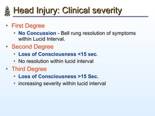 Head Injury: Clinical severity <ul><li>First Degree </li></ul><ul><ul><li>No Concussion  - Bell rung resolution of symptom...