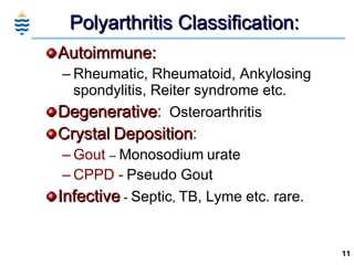 Polyarthritis Classification: <ul><li>Autoimmune:   </li></ul><ul><ul><li>Rheumatic, Rheumatoid, Ankylosing spondylitis, R...