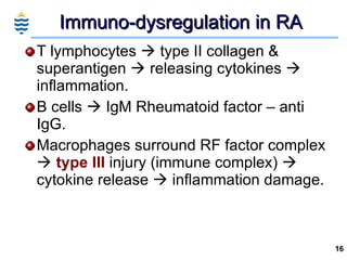 Immuno-dysregulation in RA <ul><li>T lymphocytes    type II collagen &  superantigen    releasing cytokines    inflamma...