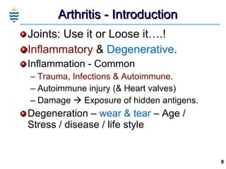 Arthritis - Introduction <ul><li>Joints: Use it or Loose it….! </li></ul><ul><li>Inflammatory  &  Degenerative . </li></ul...