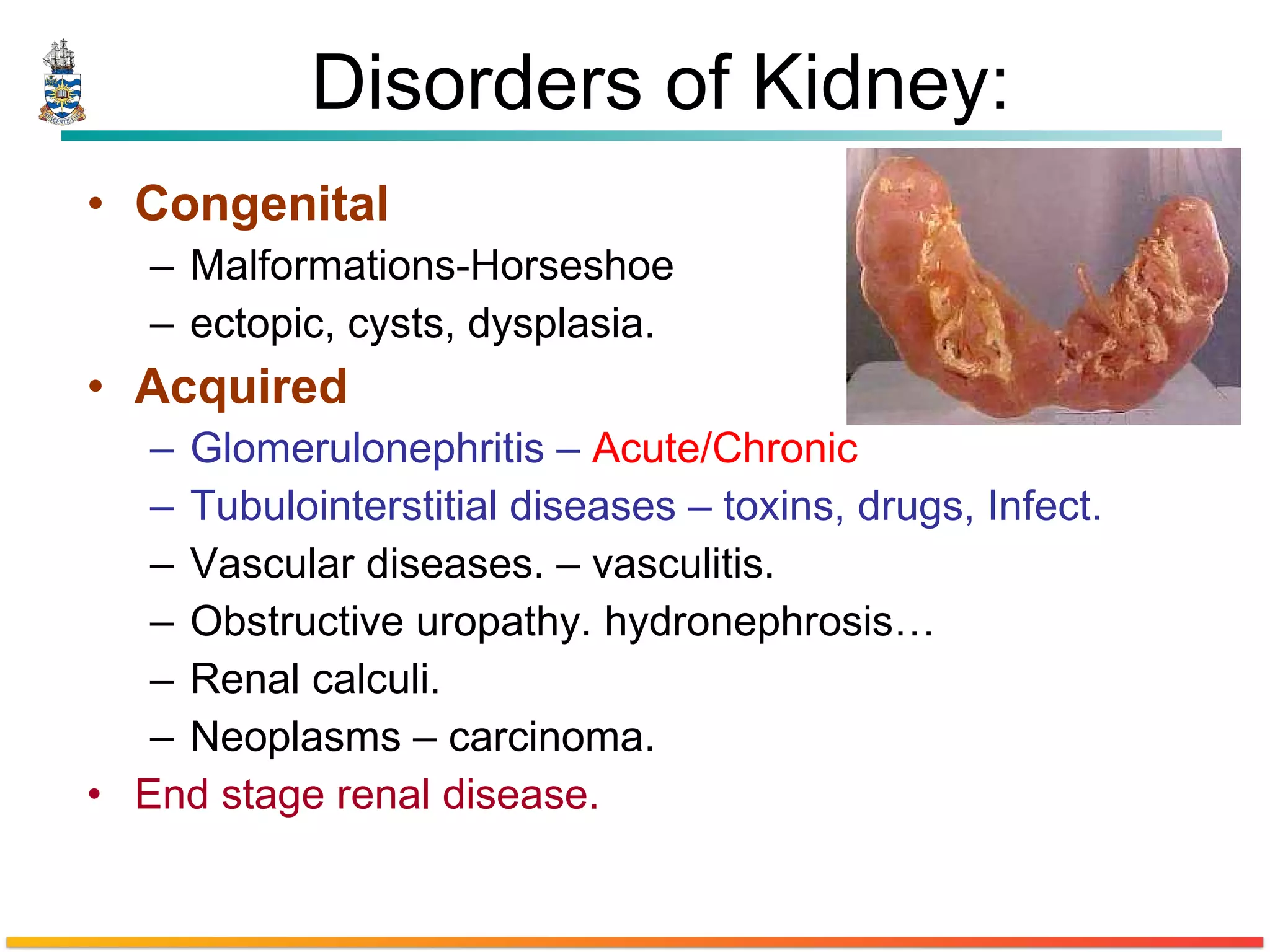 Disorders of Kidney: Congenital  Malformations-Horseshoe ectopic, cysts, dysplasia. Acquired Glomerulonephritis –  Acute/Chronic Tubulointerstitial diseases – toxins, drugs, Infect. Vascular diseases. – vasculitis. Obstructive uropathy. hydronephrosis… Renal calculi. Neoplasms – carcinoma. End stage renal disease. 
