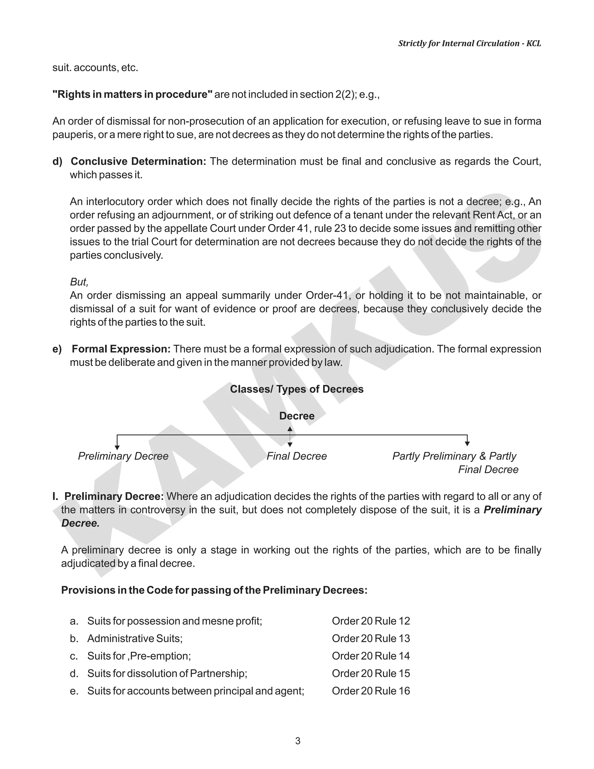 KAM
KUS
3
Strictly for Internal Circulation - KCL
suit. accounts, etc.
"Rights in matters in procedure" are not included in section 2(2); e.g.,
An order of dismissal for non-prosecution of an application for execution, or refusing leave to sue in forma
pauperis, or a mere right to sue, are not decrees as they do not determine the rights of the parties.
d) Conclusive Determination: The determination must be final and conclusive as regards the Court,
which passes it.
An interlocutory order which does not finally decide the rights of the parties is not a decree; e.g., An
order refusing an adjournment, or of striking out defence of a tenant under the relevant Rent Act, or an
order passed by the appellate Court under Order 41, rule 23 to decide some issues and remitting other
issues to the trial Court for determination are not decrees because they do not decide the rights of the
parties conclusively.
But,
An order dismissing an appeal summarily under Order-41, or holding it to be not maintainable, or
dismissal of a suit for want of evidence or proof are decrees, because they conclusively decide the
rights of the parties to the suit.
e) Formal Expression: There must be a formal expression of such adjudication. The formal expression
must be deliberate and given in the manner provided by law.
Classes/ Types of Decrees
Decree
Preliminary Decree Final Decree Partly Preliminary & Partly
Final Decree
I. Preliminary Decree: Where an adjudication decides the rights of the parties with regard to all or any of
the matters in controversy in the suit, but does not completely dispose of the suit, it is a Preliminary
Decree.
A preliminary decree is only a stage in working out the rights of the parties, which are to be finally
adjudicated by a final decree.
Provisions in the Code for passing of the Preliminary Decrees:
a. Suits for possession and mesne profit; Order 20 Rule 12
b. Administrative Suits; Order 20 Rule 13
c. Suits for ,Pre-emption; Order 20 Rule 14
d. Suits for dissolution of Partnership; Order 20 Rule 15
e. Suits for accounts between principal and agent; Order 20 Rule 16
 
