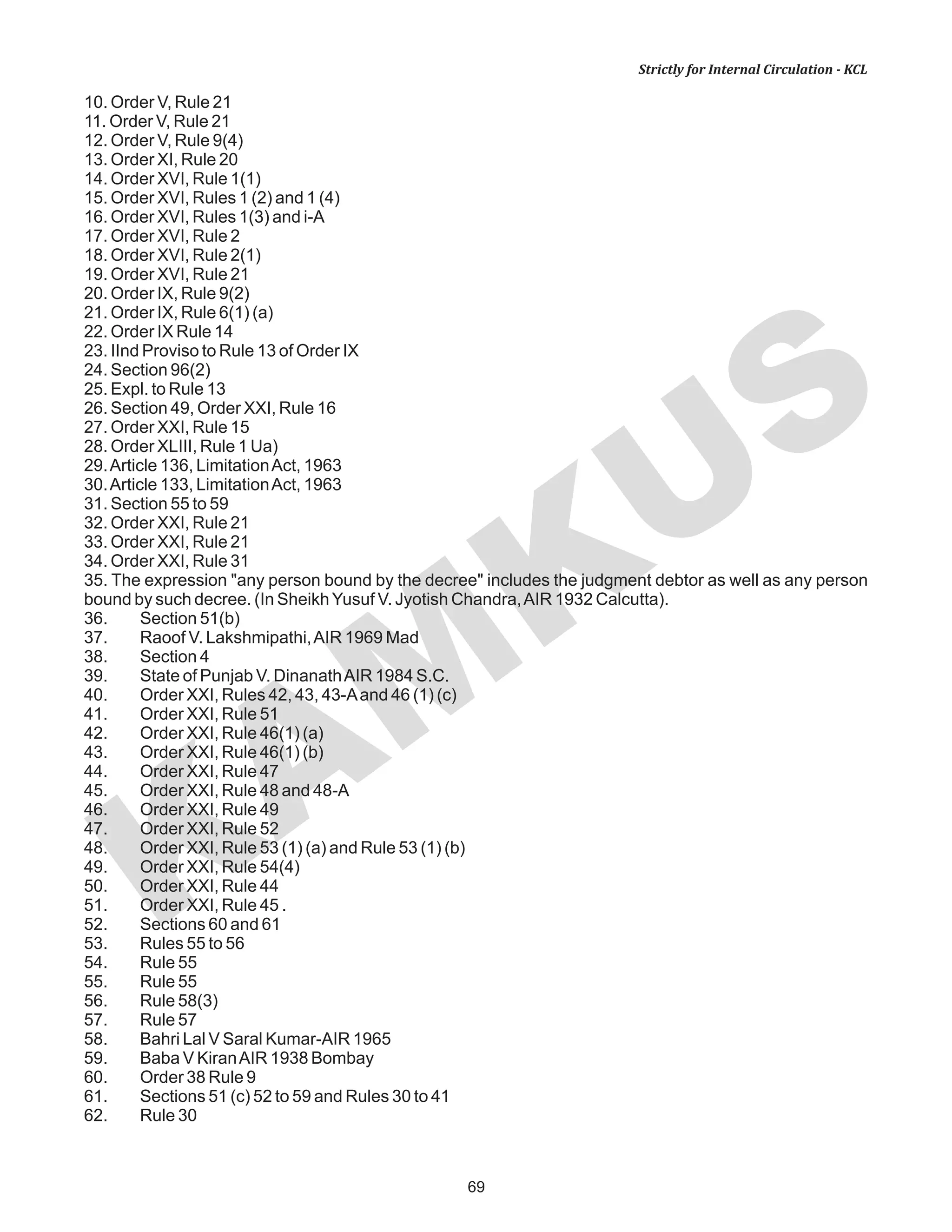 69
KAM
KUS
Strictly for Internal Circulation - KCL
10. Order V, Rule 21
11. Order V, Rule 21
12. Order V, Rule 9(4)
13. Order XI, Rule 20
14. Order XVI, Rule 1(1)
15. Order XVI, Rules 1 (2) and 1 (4)
16. Order XVI, Rules 1(3) and i-A
17. Order XVI, Rule 2
18. Order XVI, Rule 2(1)
19. Order XVI, Rule 21
20. Order IX, Rule 9(2)
21. Order IX, Rule 6(1) (a)
22. Order IX Rule 14
23. IInd Proviso to Rule 13 of Order IX
24. Section 96(2)
25. Expl. to Rule 13
26. Section 49, Order XXI, Rule 16
27. Order XXI, Rule 15
28. Order XLIII, Rule 1 Ua)
29.Article 136, LimitationAct, 1963
30.Article 133, LimitationAct, 1963
31. Section 55 to 59
32. Order XXI, Rule 21
33. Order XXI, Rule 21
34. Order XXI, Rule 31
35. The expression "any person bound by the decree" includes the judgment debtor as well as any person
bound by such decree. (In SheikhYusuf V. Jyotish Chandra,AIR 1932 Calcutta).
36. Section 51(b)
37. Raoof V. Lakshmipathi,AIR 1969 Mad
38. Section 4
39. State of Punjab V. DinanathAIR 1984 S.C.
40. Order XXI, Rules 42, 43, 43-Aand 46 (1) (c)
41. Order XXI, Rule 51
42. Order XXI, Rule 46(1) (a)
43. Order XXI, Rule 46(1) (b)
44. Order XXI, Rule 47
45. Order XXI, Rule 48 and 48-A
46. Order XXI, Rule 49
47. Order XXI, Rule 52
48. Order XXI, Rule 53 (1) (a) and Rule 53 (1) (b)
49. Order XXI, Rule 54(4)
50. Order XXI, Rule 44
51. Order XXI, Rule 45 .
52. Sections 60 and 61
53. Rules 55 to 56
54. Rule 55
55. Rule 55
56. Rule 58(3)
57. Rule 57
58. Bahri Lal V Saral Kumar-AIR 1965
59. Baba V KiranAIR 1938 Bombay
60. Order 38 Rule 9
61. Sections 51 (c) 52 to 59 and Rules 30 to 41
62. Rule 30
 
