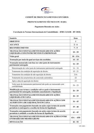 CPC_10(R1)
COMITÊ DE PRONUNCIAMENTOS CONTÁBEIS
PRONUNCIAMENTO TÉCNICO CPC 10 (R1)
Pagamento Baseado em Ações
Correlação às Normas Internacionais de Contabilidade – IFRS 2 (IASB – BV 2010)
Sumário Item
OBJETIVO 1
ALCANCE 2 – 6
RECONHECIMENTO 7 – 9
TRANSAÇÃO COM PAGAMENTO BASEADO EM AÇÕES
LIQUIDADA COM INSTRUMENTOS PATRIMONIAIS
10 – 29
Visão geral 10 – 13A
Transação por meio da qual serviços são recebidos 14 – 15
Transação mensurada com base no valor justo do instrumento
patrimonial outorgado
16 – 25
Determinação do valor justo do instrumento patrimonial outorgado 16 – 18
Tratamento da condição de aquisição de direito 19 – 21
Tratamento da condição de não aquisição de direito 21A
Tratamento da característica de concessão automática 22
Após a data de aquisição de direito 23
Valor justo do instrumento patrimonial não pode ser mensurado com
confiabilidade
24 – 25
Modificação nos termos e condições sob os quais o instrumento
patrimonial foi outorgado, incluindo cancelamento e liquidação
26 – 29
TRANSAÇÃO COM PAGAMENTO BASEADO EM AÇÕES
LIQUIDADA EM CAIXA
30 – 33
TRANSAÇÃO COM PAGAMENTO BASEADO EM AÇÕES COM
ALTERNATIVA DE LIQUIDAÇÃO EM CAIXA
34 – 43
Transação com pagamento baseado em ações cujos termos do acordo
permitem à contraparte a escolha da forma de liquidação
35 – 40
Transação com pagamento baseado em ações cujos termos do acordo
permitem à entidade a escolha da forma de liquidação
41 – 43
TRANSAÇÃO COM PAGAMENTO BASEADO EM AÇÕES ENTRE
ENTIDADES DO MESMO GRUPO
43A – 43D
DIVULGAÇÃO 44 – 52
 