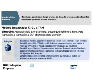 CPC 12
Os ativos e passivos de longo prazo e os de curto prazo quando relevantes
devem ser ajustados a valor presente.
Ajuste a Valor
Presente
Módulo Impactado: FI-GL e TRM
Situação: Atendido pelo SAP Standard, desde que habilite o TRM. Para
transação a transação a SAP alterando para atender.
Utilizado pela
Empresa
X
 