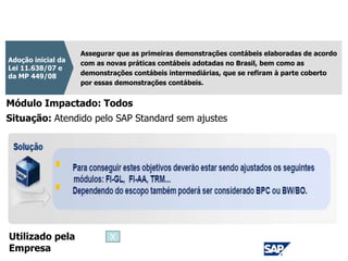 CPC 13
Assegurar que as primeiras demonstrações contábeis elaboradas de acordo
com as novas práticas contábeis adotadas no Brasil, bem como as
demonstrações contábeis intermediárias, que se refiram à parte coberto
por essas demonstrações contábeis.
Adoção inicial da
Lei 11.638/07 e
da MP 449/08
Módulo Impactado: Todos
Situação: Atendido pelo SAP Standard sem ajustes
Utilizado pela
Empresa
X
 