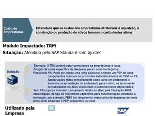 CPC 20
Estabelece que os custos dos empréstimos atribuíveis à aquisição, à
construção ou produção de ativos formam o custo destes ativos.
Custo de
Empréstimos
Módulo Impactado: TRM
Situação: Atendido pelo SAP Standard sem ajustes
Utilizado pela
Empresa
X
 