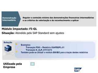 CPC 21
Regular o conteúdo mínimo das demonstrações financeiras intermediárias
e os critérios de valorização e de reconhecimento a aplicar
Demonstração
Intermediária
Módulo Impactado: FI-GL
Situação: Atendido pelo SAP Standard sem ajustes
Utilizado pela
Empresa
X
 