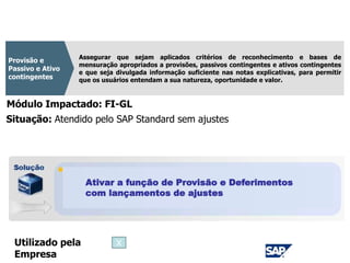 CPC 25
Assegurar que sejam aplicados critérios de reconhecimento e bases de
mensuração apropriados a provisões, passivos contingentes e ativos contingentes
e que seja divulgada informação suficiente nas notas explicativas, para permitir
que os usuários entendam a sua natureza, oportunidade e valor.
Provisão e
Passivo e Ativo
contingentes
Módulo Impactado: FI-GL
Ativar a função de Provisão e Deferimentos
com lançamentos de ajustes
Situação: Atendido pelo SAP Standard sem ajustes
Utilizado pela
Empresa
X
 