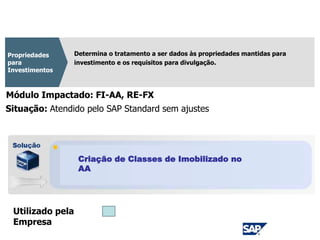 CPC 28
Determina o tratamento a ser dados às propriedades mantidas para
investimento e os requisitos para divulgação.
Propriedades
para
Investimentos
Módulo Impactado: FI-AA, RE-FX
Criação de Classes de Imobilizado no
AA
Situação: Atendido pelo SAP Standard sem ajustes
Utilizado pela
Empresa
 