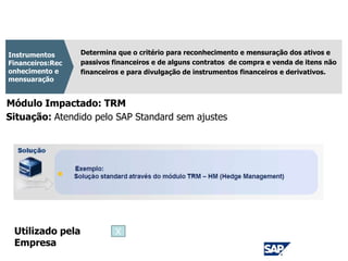 CPC 38
Determina que o critério para reconhecimento e mensuração dos ativos e
passivos financeiros e de alguns contratos de compra e venda de itens não
financeiros e para divulgação de instrumentos financeiros e derivativos.
Instrumentos
Financeiros:Rec
onhecimento e
mensuaração
Módulo Impactado: TRM
Situação: Atendido pelo SAP Standard sem ajustes
Utilizado pela
Empresa
X
 