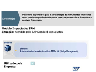 CPC 39
Determina os princípios para a apresentação de instrumentos financeiros
como passivo ou patrimônio líquido e para compensar ativos financeiros e
passivos financeiros.
Apresentação
Módulo Impactado: TRM
Situação: Atendido pelo SAP Standard sem ajustes
Utilizado pela
Empresa
X
 