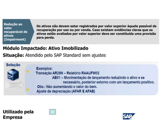 CPC 01
Os ativos não devem estar registrados por valor superior àquele passível de
recuperação por uso ou por venda. Caso existam evidências claras que os
ativos estão avaliados por valor superior deve ser constituída uma provisão
para perda.
Redução ao
valor
recuperável de
ativos
(Impairment)
Módulo Impactado: Ativo Imobilizado
Situação: Atendido pelo SAP Standard sem ajustes
Utilizado pela
Empresa
X
 