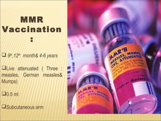 MMR
Vaccination
:
 9th
,12th
month& 4-6 years
Live attenuated ( Three :
measles, German measles&
Mumps)
0.5 ml
Subcutaneous arm
 