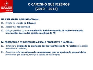 O CAMINHO QUE FIZEMOS
                               [2010 – 2012]


III. ESTRATÉGIA COMUNICACIONAL
10. Criação de um site na Internet
11. Apostar nas redes sociais
12. Diálogo periódico com a Comunicação Social fornecendo de modo continuado
    informações acerca das posições políticas do PS



IV. PROJECTAR O PS CONCELHIO À ESCALA FEDERATIVA E NACIONAL
13.    Potenciar a qualidade da prestação dos representantes do PS/Cartaxo nos órgãos
      federativos e nacionais;
14. Queremos reforçar os laços de camaradagem com as secções do nosso distrito,
    procurando, por essa via, reforçar a coesão da nossa região.
 