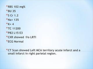 RBS 102 mg%  BU 35  S Cr 1.2  Na+ 135  K+ 4  TC 11200 P82 L15 E3  CXR showed  f/o LRTI  ECG Normal  CT Scan showed Left MCA territory acute infarct and a  small infarct in right parietal region.  