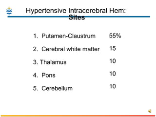 Hypertensive Intracerebral Hem:  Sites 1.  Putamen-Claustrum 2.  Cerebral white matter 3. Thalamus 4.  Pons 5.  Cerebellum 55% 15 10 10 10 