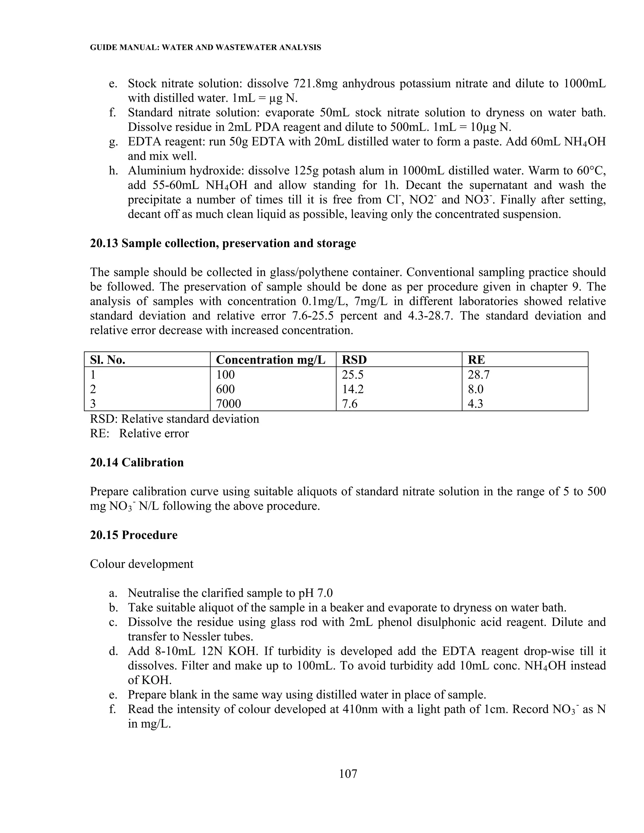 GUIDE MANUAL: WATER AND WASTEWATER ANALYSIS

   e. Stock nitrate solution: dissolve 721.8mg anhydrous potassium nitrate and dilute to 1000mL
      with distilled water. 1mL = µg N.
   f. Standard nitrate solution: evaporate 50mL stock nitrate solution to dryness on water bath.
      Dissolve residue in 2mL PDA reagent and dilute to 500mL. 1mL = 10µg N.
   g. EDTA reagent: run 50g EDTA with 20mL distilled water to form a paste. Add 60mL NH 4 OH
      and mix well.
   h. Aluminium hydroxide: dissolve 125g potash alum in 1000mL distilled water. Warm to 60°C,
      add 55-60mL NH 4 OH and allow standing for 1h. Decant the supernatant and wash the
      precipitate a number of times till it is free from Cl-, NO2- and NO3-. Finally after setting,
      decant off as much clean liquid as possible, leaving only the concentrated suspension.

20.13 Sample collection, preservation and storage

The sample should be collected in glass/polythene container. Conventional sampling practice should
be followed. The preservation of sample should be done as per procedure given in chapter 9. The
analysis of samples with concentration 0.1mg/L, 7mg/L in different laboratories showed relative
standard deviation and relative error 7.6-25.5 percent and 4.3-28.7. The standard deviation and
relative error decrease with increased concentration.

Sl. No.                 Concentration mg/L        RSD                      RE
1                       100                       25.5                     28.7
2                       600                       14.2                     8.0
3                       7000                      7.6                      4.3
RSD: Relative standard deviation
RE: Relative error

20.14 Calibration

Prepare calibration curve using suitable aliquots of standard nitrate solution in the range of 5 to 500
mg NO 3 - N/L following the above procedure.

20.15 Procedure

Colour development

   a. Neutralise the clarified sample to pH 7.0
   b. Take suitable aliquot of the sample in a beaker and evaporate to dryness on water bath.
   c. Dissolve the residue using glass rod with 2mL phenol disulphonic acid reagent. Dilute and
      transfer to Nessler tubes.
   d. Add 8-10mL 12N KOH. If turbidity is developed add the EDTA reagent drop-wise till it
      dissolves. Filter and make up to 100mL. To avoid turbidity add 10mL conc. NH 4 OH instead
      of KOH.
   e. Prepare blank in the same way using distilled water in place of sample.
   f. Read the intensity of colour developed at 410nm with a light path of 1cm. Record NO 3 - as N
      in mg/L.


                                                 107
 