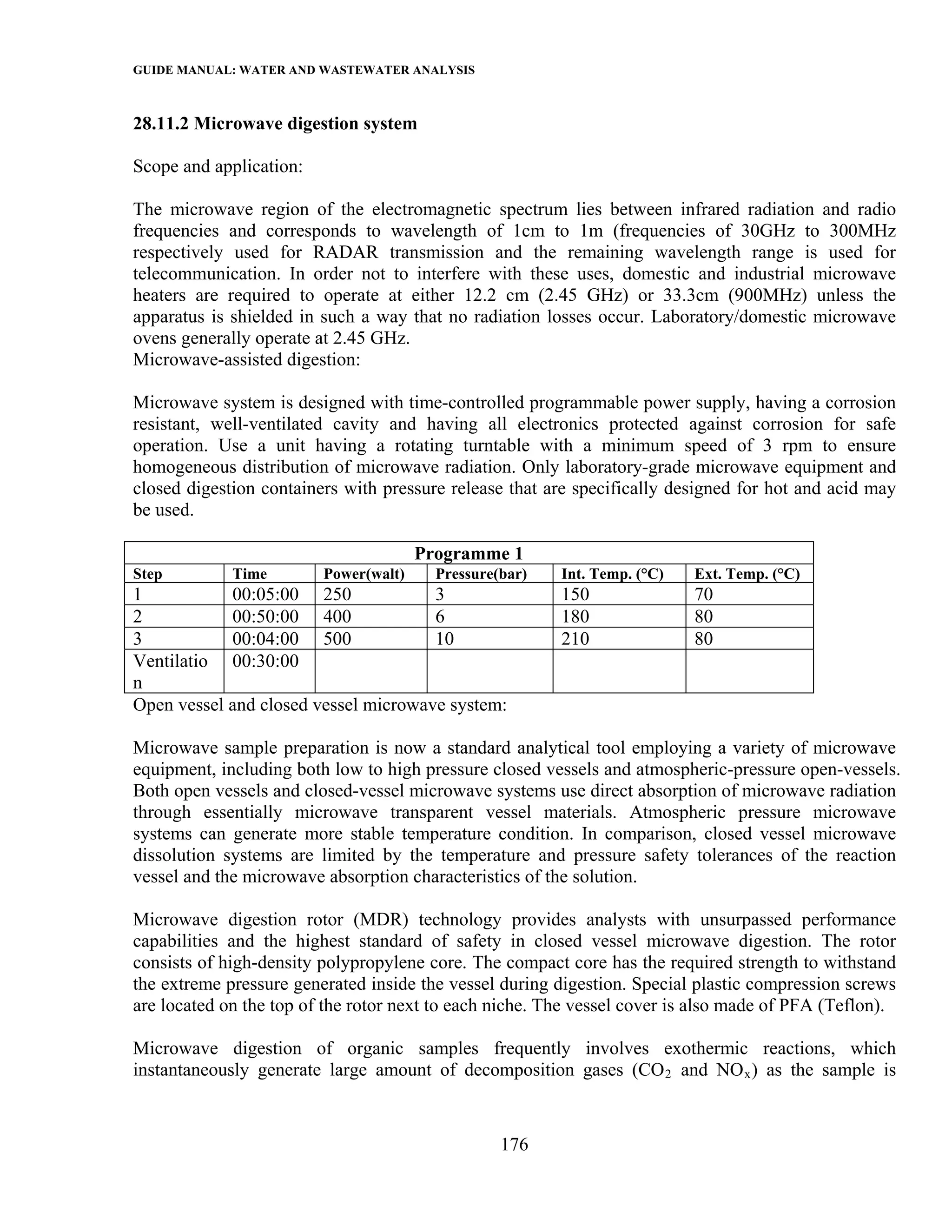 GUIDE MANUAL: WATER AND WASTEWATER ANALYSIS

28.11.2 Microwave digestion system

Scope and application:

The microwave region of the electromagnetic spectrum lies between infrared radiation and radio
frequencies and corresponds to wavelength of 1cm to 1m (frequencies of 30GHz to 300MHz
respectively used for RADAR transmission and the remaining wavelength range is used for
telecommunication. In order not to interfere with these uses, domestic and industrial microwave
heaters are required to operate at either 12.2 cm (2.45 GHz) or 33.3cm (900MHz) unless the
apparatus is shielded in such a way that no radiation losses occur. Laboratory/domestic microwave
ovens generally operate at 2.45 GHz.
Microwave-assisted digestion:

Microwave system is designed with time-controlled programmable power supply, having a corrosion
resistant, well-ventilated cavity and having all electronics protected against corrosion for safe
operation. Use a unit having a rotating turntable with a minimum speed of 3 rpm to ensure
homogeneous distribution of microwave radiation. Only laboratory-grade microwave equipment and
closed digestion containers with pressure release that are specifically designed for hot and acid may
be used.

                                       Programme 1
Step         Time        Power(walt)     Pressure(bar)   Int. Temp. (°C)   Ext. Temp. (°C)
1           00:05:00 250              3                  150               70
2           00:50:00 400              6                  180               80
3           00:04:00 500              10                 210               80
Ventilatio 00:30:00
n
Open vessel and closed vessel microwave system:

Microwave sample preparation is now a standard analytical tool employing a variety of microwave
equipment, including both low to high pressure closed vessels and atmospheric-pressure open-vessels.
Both open vessels and closed-vessel microwave systems use direct absorption of microwave radiation
through essentially microwave transparent vessel materials. Atmospheric pressure microwave
systems can generate more stable temperature condition. In comparison, closed vessel microwave
dissolution systems are limited by the temperature and pressure safety tolerances of the reaction
vessel and the microwave absorption characteristics of the solution.

Microwave digestion rotor (MDR) technology provides analysts with unsurpassed performance
capabilities and the highest standard of safety in closed vessel microwave digestion. The rotor
consists of high-density polypropylene core. The compact core has the required strength to withstand
the extreme pressure generated inside the vessel during digestion. Special plastic compression screws
are located on the top of the rotor next to each niche. The vessel cover is also made of PFA (Teflon).

Microwave digestion of organic samples frequently involves exothermic reactions, which
instantaneously generate large amount of decomposition gases (CO 2 and NO x ) as the sample is



                                                  176
 