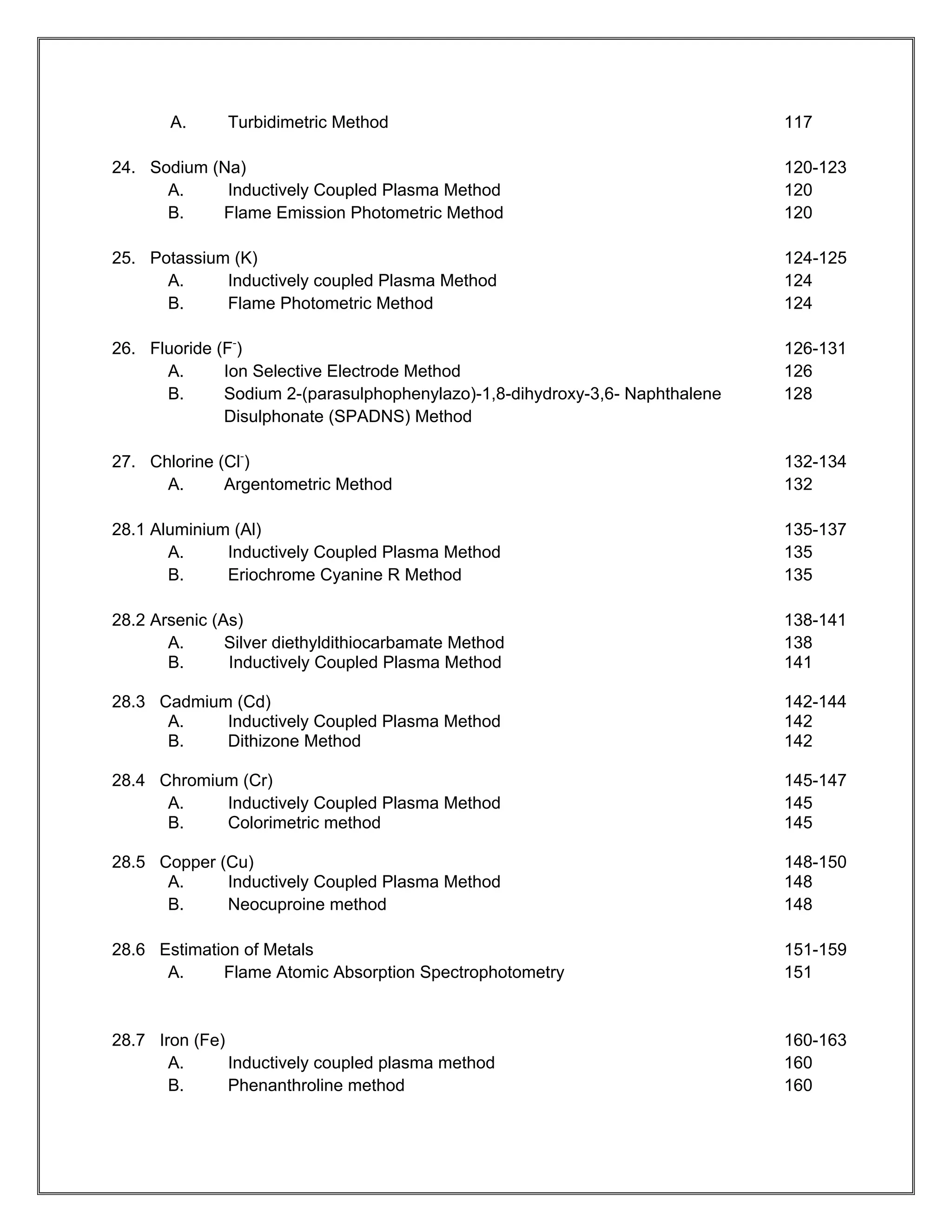 A.      Turbidimetric Method                                           117

24. Sodium (Na)                                                               120-123
      A.     Inductively Coupled Plasma Method                                120
      B.    Flame Emission Photometric Method                                 120

25. Potassium (K)                                                             124-125
      A.     Inductively coupled Plasma Method                                124
      B.     Flame Photometric Method                                         124

26. Fluoride (F-)                                                             126-131
      A.      Ion Selective Electrode Method                                  126
      B.      Sodium 2-(parasulphophenylazo)-1,8-dihydroxy-3,6- Naphthalene   128
              Disulphonate (SPADNS) Method

27. Chlorine (Cl-)                                                            132-134
      A.      Argentometric Method                                            132

28.1 Aluminium (Al)                                                           135-137
       A.     Inductively Coupled Plasma Method                               135
       B.     Eriochrome Cyanine R Method                                     135

28.2 Arsenic (As)                                                             138-141
       A.      Silver diethyldithiocarbamate Method                           138
       B.      Inductively Coupled Plasma Method                              141

28.3 Cadmium (Cd)                                                             142-144
      A.    Inductively Coupled Plasma Method                                 142
      B.    Dithizone Method                                                  142

28.4 Chromium (Cr)                                                            145-147
      A.    Inductively Coupled Plasma Method                                 145
      B.    Colorimetric method                                               145

28.5 Copper (Cu)                                                              148-150
      A.     Inductively Coupled Plasma Method                                148
      B.     Neocuproine method                                               148

28.6 Estimation of Metals                                                     151-159
      A.     Flame Atomic Absorption Spectrophotometry                        151


28.7 Iron (Fe)                                                                160-163
       A.      Inductively coupled plasma method                              160
       B.      Phenanthroline method                                          160
 
