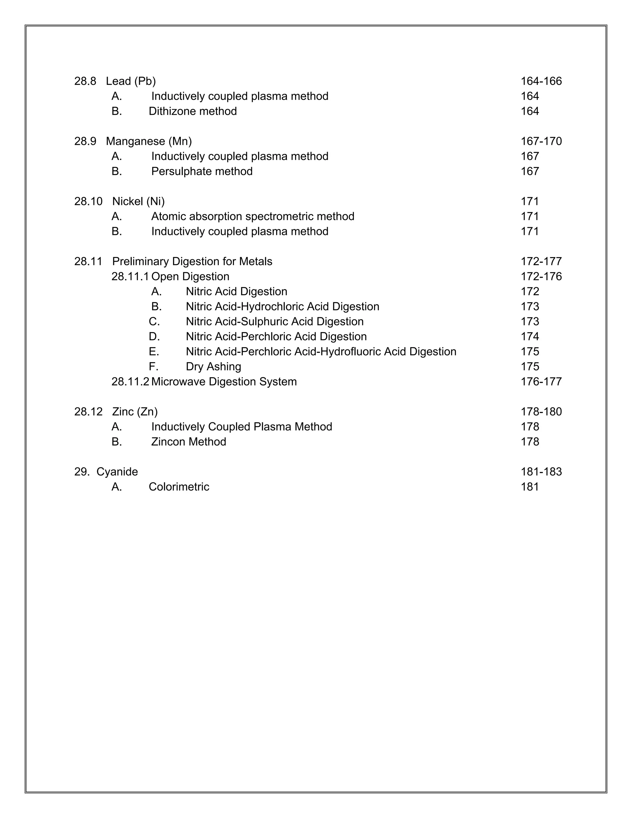 28.8 Lead (Pb)                                                                164-166
      A.     Inductively coupled plasma method                                164
      B.    Dithizone method                                                  164

28.9 Manganese (Mn)                                                           167-170
      A.    Inductively coupled plasma method                                 167
      B.    Persulphate method                                                167

28.10 Nickel (Ni)                                                             171
      A.      Atomic absorption spectrometric method                          171
      B.      Inductively coupled plasma method                               171

28.11 Preliminary Digestion for Metals                                        172-177
      28.11.1 Open Digestion                                                  172-176
              A.    Nitric Acid Digestion                                     172
              B.    Nitric Acid-Hydrochloric Acid Digestion                   173
             C.     Nitric Acid-Sulphuric Acid Digestion                      173
             D.     Nitric Acid-Perchloric Acid Digestion                     174
             E.     Nitric Acid-Perchloric Acid-Hydrofluoric Acid Digestion   175
             F.     Dry Ashing                                                175
      28.11.2 Microwave Digestion System                                      176-177

28.12 Zinc (Zn)                                                               178-180
      A.      Inductively Coupled Plasma Method                               178
      B.      Zincon Method                                                   178

29. Cyanide                                                                   181-183
      A.    Colorimetric                                                      181
 