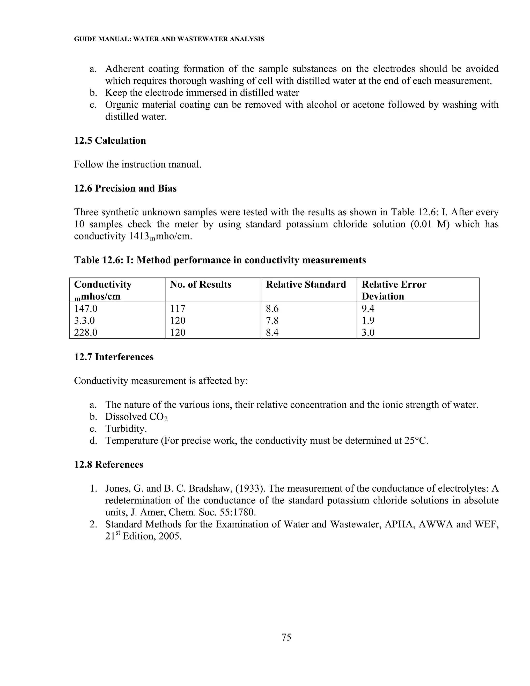 GUIDE MANUAL: WATER AND WASTEWATER ANALYSIS

   a. Adherent coating formation of the sample substances on the electrodes should be avoided
      which requires thorough washing of cell with distilled water at the end of each measurement.
   b. Keep the electrode immersed in distilled water
   c. Organic material coating can be removed with alcohol or acetone followed by washing with
      distilled water.

12.5 Calculation

Follow the instruction manual.

12.6 Precision and Bias

Three synthetic unknown samples were tested with the results as shown in Table 12.6: I. After every
10 samples check the meter by using standard potassium chloride solution (0.01 M) which has
conductivity 1413 m mho/cm.

Table 12.6: I: Method performance in conductivity measurements

Conductivity            No. of Results         Relative Standard       Relative Error
m mhos/cm                                                              Deviation
147.0                   117                    8.6                     9.4
3.3.0                   120                    7.8                     1.9
228.0                   120                    8.4                     3.0

12.7 Interferences

Conductivity measurement is affected by:

   a.   The nature of the various ions, their relative concentration and the ionic strength of water.
   b.   Dissolved CO 2
   c.   Turbidity.
   d.   Temperature (For precise work, the conductivity must be determined at 25°C.

12.8 References

   1. Jones, G. and B. C. Bradshaw, (1933). The measurement of the conductance of electrolytes: A
      redetermination of the conductance of the standard potassium chloride solutions in absolute
      units, J. Amer, Chem. Soc. 55:1780.
   2. Standard Methods for the Examination of Water and Wastewater, APHA, AWWA and WEF,
      21st Edition, 2005.




                                                     75
 