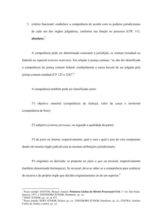 3. critério funcional: estabelece a competência de acordo com os poderes jurisdicionais
de cada um dos órgãos julgadores, conforme sua função no processo (CPC 111,
absoluta).7
A competência pode ser determinada consoante a jurisdição, se comum (estadual ou
federal) ou especial (ratione materiae). Em relação à justiça comum, “se não for identificada
a competência da justiça comum federal, residualmente a causa haverá de ser julgada pela
justiça comum estadual (CF 125 e 126)”.8
A competência também pode ser classificada como:
1º) objetiva: material (competência da Justiça), valor da causa e territorial
(competência de foro);
2º) subjetiva (ratione personae, ou segundo a qualidade da parte);
3º) de juízo ou interna: respectivamente, qual a vara e qual o juiz da vara competente
dentro do mesmo órgão judicial com as mesmas atribuições jurisdicionais;
4º) originária ou derivada: se proposta no juízo a quo ou recursal, respectivamente
(também denominada hierárquica). Se recursal, deve-se saber se a competência para conhecer
do recurso é do próprio órgão que decidiu originariamente ou de um superior.9
7
Nesse sentido: SANTOS, Moacyr Amaral. Primeiras Linhas de Direito Processual Civil, 1º vol. São Paulo:
Saraiva, 1977; e THEODORO JÚNIOR, Humberto. op. cit..
8
NERY JÚNIOR, op. cit., p. 471.
9
Nesse sentido: NERY JÚNIOR, Nelson, op. cit., THEODORO JÚNIOR, Humberto, op. cit., CINTRA, Antônio
Carlos de Araújo e outros, op. cit..
 