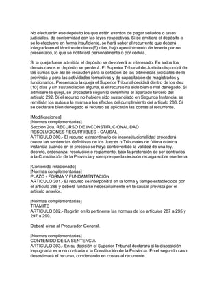 No efectuarán ese depósito los que estén exentos de pagar sellados o tasas
judiciales, de conformidad con las leyes respectivas. Si se omitiere el depósito o
se lo efectuare en forma insuficiente, se hará saber al recurrente que deberá
integrarlo en el término de cinco (5) días, bajo apercibimiento de tenerlo por no
presentado, lo que se notificará personalmente o por cédula.
Si la queja fuese admitida el depósito se devolverá al interesado. En todos los
demás casos el depósito se perderá. El Superior Tribunal de Justicia dispondrá de
las sumas que así se recauden para la dotación de las bibliotecas judiciales de la
provincia y para las actividades formativas y de capacitación de magistrados y
funcionarios. Presentada la queja el Superior Tribunal decidirá dentro de los diez
(10) días y sin sustanciación alguna, si el recurso ha sido bien o mal denegado. Si
admitiere la queja, se procederá según lo determina el apartado tercero del
artículo 292. Si el recurso no hubiere sido sustanciado en Segunda Instancia, se
remitirán los autos a la misma a los efectos del cumplimiento del artículo 288. Si
se declarare bien denegado el recurso se aplicarán las costas al recurrente.
[Modificaciones]
[Normas complementarias]
Sección 2da. RECURSO DE INCONSTITUCIONALIDAD
RESOLUCIONES RECURRIBLES - CAUSAL
ARTICULO 300.- El recurso extraordinario de inconstitucionalidad procederá
contra las sentencias definitivas de los Jueces o Tribunales de última o única
instancia cuando en el proceso se haya controvertido la validez de una ley,
decreto, ordenanza, resolución o reglamento, bajo la pretensión de ser contrarios
a la Constitución de la Provincia y siempre que la decisión recaiga sobre ese tema.
[Contenido relacionado]
[Normas complementarias]
PLAZO - FORMA Y FUNDAMENTACION
ARTICULO 301.- El recurso se interpondrá en la forma y tiempo establecidos por
el artículo 286 y deberá fundarse necesariamente en la causal prevista por el
artículo anterior.
[Normas complementarias]
TRAMITE
ARTICULO 302.- Regirán en lo pertinente las normas de los artículos 287 a 295 y
297 a 299.
Deberá oírse al Procurador General.
[Normas complementarias]
CONTENIDO DE LA SENTENCIA
ARTICULO 303.- En su decisión el Superior Tribunal declarará si la disposición
impugnada es o no contraria a la Constitución de la Provincia. En el segundo caso
desestimará el recurso, condenando en costas al recurrente.
 