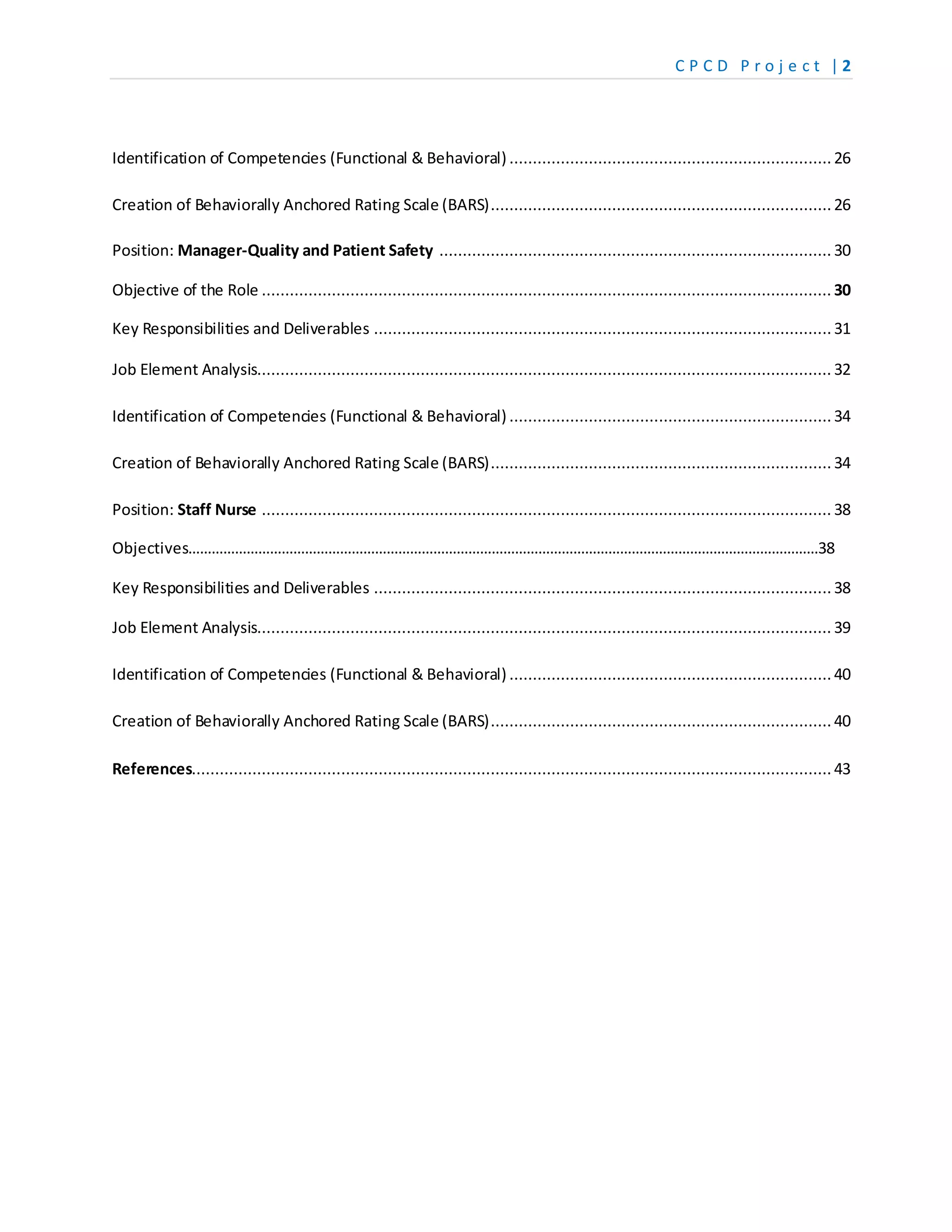 C P C D P r o j e c t | 2
Identification of Competencies (Functional & Behavioral) .....................................................................26
Creation of Behaviorally Anchored Rating Scale (BARS).........................................................................26
Position: Manager-Quality and Patient Safety .................................................................................... 30
Objective of the Role .......................................................................................................................... 30
Key Responsibilities and Deliverables ..................................................................................................31
Job Element Analysis........................................................................................................................... 32
Identification of Competencies (Functional & Behavioral) .....................................................................34
Creation of Behaviorally Anchored Rating Scale (BARS).........................................................................34
Position: Staff Nurse .......................................................................................................................... 38
Objectives………………………………………………………………………………………………………………………………………………38
Key Responsibilities and Deliverables ..................................................................................................38
Job Element Analysis........................................................................................................................... 39
Identification of Competencies (Functional & Behavioral) .....................................................................40
Creation of Behaviorally Anchored Rating Scale (BARS).........................................................................40
References.........................................................................................................................................43
 