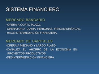 SISTEMA FINANCIERO

MERCADO BANCARIO
- OPERA A CORTO PLAZO.
- OPERATORIA DIARIA PERSONAS FISICAS/JURÍDICAS.
- HACE INTERME...