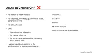 Acute on Chronic CHF
• No History of heart disease
• No S3 gallop, elevated jugular venous pulse,
peripheral edema
• No rales/wheezes
• CXR:
• Normal cardiac silhouette
• No pleural effusions
• No evidence of peribronchial thickening,
and Kerley B lines.
• Hypoxemia did not respond to the
administration of supplemental oxygen.
• Troponin??
• CKMB??
• BNP??
• EKG and Echo??
• Amount of IV fluids administered??
Hurst's The Heart, 14e
 