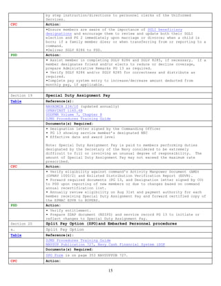 by step instruction/directions to personnel clerks of the Uniformed
             Services.
CPC          Action:
             ▪Ensure members are aware of the importance of SGLI beneficiary
             designations and encourage them to review and update both their SGLI
             election and PG 2 immediately upon marriage or divorce; when a child is
             born; if a family member dies; or when transferring from or reporting to a
             command.
             ▪Deliver SGLV 8286 to PSD.
PSD          Action:
             ▪ Assist member in completing SGLV 8286 and SGLV 8285, if necessary. If a
             member designates friend and/or elects to reduce or decline coverage,
             prepare Administrative Remarks PG 13 as required.
             ▪ Verify SGLV 8286 and/or SGLV 8285 for correctness and distribute as
             required.
             ▪Complete pay system entry to increase/decrease amount deducted from
             monthly pay, if applicable.


Section 19   Special Duty Assignment Pay
Table        Reference(s):
             NAVADMIN 234/10 (updated annually)
             OPNAVINST 1160.6B
             DODFMR Volume 7, Chapter 8
             DJMS Procedures Training Guide
             Documents(s) Required:
             ▪ Designation letter signed by the Commanding Officer
             ▪ PG 13 showing service member’s designated NEC
             ▪ Effective date and award level

             Note: Special Duty Assignment Pay is paid to members performing duties
             designated by the Secretary of the Navy considered to be extremely
             difficult to fill or involving an unusual degree of responsibility. The
             amount of Special Duty Assignment Pay may not exceed the maximum rate
             prescribed.
CPC          Action:
             ▪ Verify eligibility against command's Activity Manpower Document (AMD)
             (OPNAV 1000/2) and Enlisted Distribution Verification Report (EDVR).
             ▪ Forward required documents (PG 13, and Designation letter signed by CO)
             to PSD upon reporting of new members or due to changes based on command
             annual recertification list.
             ▪ Annually review eligibility on Aug 31st and payment authority for each
             member receiving Special Duty Assignment Pay and forward certified copy of
             the EPMAC EDVR to BUPERS.
PSD          Action:
             ▪ Verify entitlement.
             ▪ Prepare SDAP document (NSIPS) and service record PG 13 to initiate or
             reflect changes to Special Duty Assignment Pay.
Section 20   Split Pay Option (SPO)and Embarked Personnel procedures
a.           Split Pay Option
Table        Reference(s):
             DJMS Procedures Training Guide
             NAVSUP Publication 727, Navy Cash Financial System (SOP
             Documents(s) Required:
             SPO Form is on page 353 NAVSUPPUB 727.
CPC          Action:

                                         15
 