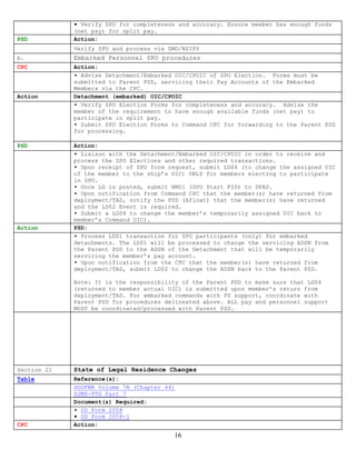 ▪ Verify SPO for completeness and accuracy. Ensure member has enough funds
             (net pay) for split pay.
PSD          Action:
             Verify SPO and process via DMO/NSIPS
b.           Embarked Personnel SPO procedures
CPC          Action:
             ▪ Advise Detachment/Embarked OIC/CPOIC of SPO Election. Forms must be
             submitted to Parent PSD, servicing their Pay Accounts of the Embarked
             Members via the CPC.
Action       Detachment (embarked) OIC/CPOIC
             ▪ Verify SPO Election Forms for completeness and accuracy. Advise the
             member of the requirement to have enough available funds (net pay) to
             participate in split pay.
             ▪ Submit SPO Election Forms to Command CPC for forwarding to the Parent PSD
             for processing.

PSD          Action:
             ▪ Liaison with the Detachment/Embarked OIC/CPOIC in order to receive and
             process the SPO Elections and other required transactions.
             ▪ Upon receipt of SPO form request, submit LG04 (to change the assigned UIC
             of the member to the ship’s UIC) ONLY for members electing to participate
             in SPO.
             ▪ Once LG is posted, submit HM01 (SPO Start FID) to DFAS.
             ▪ Upon notification from Command CPC that the member(s) have returned from
             deployment/TAD, notify the PSD (Afloat) that the member(s) have returned
             and the LD02 Event is required.
             ▪ Submit a LG04 to change the member’s temporarily assigned UIC back to
             member’s Command UIC).
Action       PSD:
             ▪ Process LD01 transaction for SPO participants (only) for embarked
             detachments. The LD01 will be processed to change the servicing ADSN from
             the Parent PSD to the ADSN of the Detachment that will be temporarily
             servicing the member’s pay account.
             ▪ Upon notification from the CPC that the member(s) have returned from
             deployment/TAD, submit LD02 to change the ADSN back to the Parent PSD.

             Note: It is the responsibility of the Parent PSD to make sure that LG04
             (returned to member actual UIC) is submitted upon member’s return from
             deployment/TAD. For embarked commands with PS support, coordinate with
             Parent PSD for procedures delineated above. ALL pay and personnel support
             MUST be coordinated/processed with Parent PSD.




Section 21   State of Legal Residence Changes
Table        Reference(s):
             DODFMR Volume 7A (Chapter 44)
             DJMS-PTG Part 7
             Document(s) Required:
             ▪ DD Form 2058
             ▪ DD Form 2058-1
CPC          Action:
                                         16
 