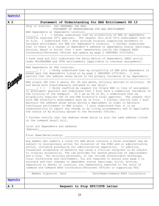 Appendix

A 2                 Statement of Understanding for BAH Entitlement PG 13
           Ship or Station:  USS UNDERWAY (DD XXX)
                            STATEMENT OF UNDERSTANDING FOR BAH ENTITLEMENT
           BAH Dependents at Dependents location:__________________________________________
           _______: I (    ) hereby understand that my eligibility of BAH at dependents
           location requires CO’s approval. The request chit with CO’s endorsement must be
           on file. I understand that I must provide original supporting documents to
           validate entitlement for BAH for Dependent’s location. I further understand
           that if there is a change in dependent’s address or dependency status (marriage,
           divorce, death or birth) that I must immediately notify the Command PASS
           Coordinator/Personnel Officer and update my page 2 (NAVPERS 1070/602).
           --------------------------------------------------------------------------------
           I have read and full understand the Early Return of Dependents (ERD) policy
           under MILPERSMAN and JFTR entitlements (applicable to overseas assignment).
           --------------------------------------------------------------------------------
           BAH Dependents at PDS location:
           _______: I (   ) herby understand that my eligibility of BAH with dependents is
           based upon the dependents listed on my page 2 (NAVPERS 1070/602). I also
           certify that the address shown below is the primary residence of my dependents.
           --------------------------------------------------------------------------------
           BAH single (E4 over 4 years, E5, E6 and above, military married to military: E5
           and below both simultaneously assigned to sea duty):
           _______: I (   ) Herby reaffirm my request for Single BAH in lieu of assignment
           to government quarters and understand that I must have a commercial residence in
           the vicinity of the homeport. If I am an E4 or E5, I understand that my
           eligibility requires the CO and CBH Director’s final approval. The request chit
           with CBH Director’s endorsement must be on file. I further certify that I must
           maintain the address shown below during a deployment in order to maintain
           continuous entitlement to BAH single. I also understand that it is my
           responsibility to report any change to my living arrangements and if applicable
           the status of my military spouse to the Personnel Officer.

           I further certify that the address shown below is also the same address listed
           on the command recall bill.

           (List all dependents and address)
           Address:________________________________________________________________________

           First Name/Relationship: _______________________________________________________
           --------------------------------------------------------------------------------
           Any member who submits a claim for BAH which contains a false statement may be
           subject to disciplinary action for violation of the UCMJ and or administrative
           action, including processing for administrative separation. In addition,
           fraudulent acceptance of benefits may cause a civilian recipient to be subject
           to criminal prosecution. The law provides for severe penalties of imprisonment
           and a fine. For military personnel, it can include dishonorable discharge,
           total forfeitures and confinement. You are required to ensure your page 2 is
           accurate and that changes in dependent status (marriage, birth, divorce,
           separation or death) or location, are immediately reported to the chain of
           command and Command PASS Coordinator/Personnel Officer or supporting PSD.
           _______________________________________ ________________________________________
               Member Signature Date                  Rate/Name-Command PASS Coordinator

Appendix

A 3                             Request to Stop HFP/CZTE Letter

                                            25
 