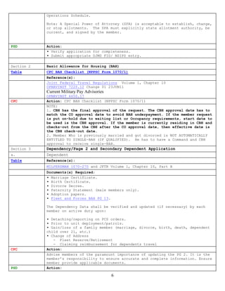 Operations Schedule.

            Note: A Special Power of Attorney (SPA) is acceptable to establish, change,
            or stop allotments. The SPA must explicitly state allotment authority, be
            current, and signed by the member.


PSD         Action:
            ▪ Verify application for completeness.
            ▪ Submit appropriate DJMS FID/ NSIPS entry.

Section 2   Basic Allowance for Housing (BAH)
Table       CPC BAH Checklist (NPPSC Form 1070/1)
            Reference(s):
            Joint Federal Travel Regulations Volume 1, Chapter 10
            OPNAVINST 7220.12 Change 01 23JUN11
            Current Military Pay Advisories
            OPNAVINST 4650.17
CPC         Action: CPC BAH Checklist (NPPSC Form 1070/1)
            NOTE:
            1. CBH has the final approval of the request. The CBH approval date has to
            match the CO approval date to avoid BAH underpayment. If the member request
            is put on-hold due to waiting list or Occupancy requirements, start date to
            be used is the CBH approval. If the member is currently residing in CBH and
            checks-out from the CBH after the CO approval date, then effective date is
            the CBH check-out date.
            2. Member Who is previously married and got divorced is NOT AUTOMATICALLY
            ENTITLED TO SINGLE-BAH (IF QUALIFIED). He has to have a Command and CBH
            approval to receive single-BAH.
Section 3   Dependency/Page 2 and Secondary Dependent Application
a.          Dependent
Table       Reference(s):
            MILPERSMAN 1070-270 and JFTR Volume 1, Chapter 10, Part B
            Documents(s) Required:
            ▪ Marriage Certificate.
            ▪ Birth Certificate.
            ▪ Divorce Decree.
            ▪ Paternity Statement (male members only).
            ▪ Adoption papers.
            ▪ Fleet and Forces BAH PG 13.

            The Dependency Data shall be verified and updated (if necessary) by each
            member on active duty upon:

            ▪ Detaching/reporting on PCS orders.
            ▪ Prior to unit deployment/patrols.
            ▪ Gain/loss of a family member (marriage, divorce, birth, death, dependent
            child over 21, etc.)
            ▪ Change of Address
               - Fleet Reserve/Retirement
               - Claiming reimbursement for dependents travel
CPC         Action:
            Advise members of the paramount importance of updating the PG 2. It is the
            member’s responsibility to ensure accurate and complete information. Ensure
            member provide applicable documents.
PSD         Action:

                                              6
 