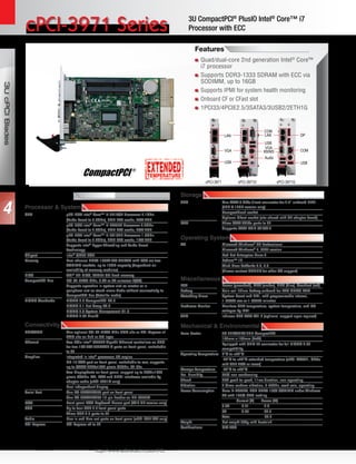 3UcPCIBlades
http://www.adlinktech.com/cPCI/
CompactPCI R
cPCI-3971 Series
Specifications
Processor & System
CPU	 μFC-BGA Intel®
Core™ i7-2715QE Processor 2.1GHz
	 (Turbo boost to 3.0GHz), 6MB LLC cache, 45W TDP
	 μFC-BGA Intel®
Core™ i7-2655LE Processor 2.2GHz
(Turbo boost to 2.9GHz), 4MB LLC cache, 25W TDP
	 μFC-BGA Intel®
Core™ i7-2610UE Processor 1.5GHz
(Turbo boost to 2.4GHz), 4MB LLC cache, 17W TDP
	 Supports Intel®
Hyper-Threading and Turbo Boost
Technology
Chipset	Intel®
QM67 PCH
Memory	 Dual channel DDR3-1067/1333 SDRAM with ECC via two
SODIMM sockets, up to 16GB capacity (dependent on
availability of memory modules)
BIOS	AMI®
EFI BIOS, 64Mbit SPI flash memory
CompactPCI Bus	 PCI 32-bit/33 MHz, 3.3V or 5V universal V(I/O)
	 Supports operation in system slot as master or in
peripheral slot as stand-alone blade without connectivity to
CompactPCI bus (Satellite mode)
PICMG Standards	 PICMG 2.0 CompactPCI R3.0
	 PICMG 2.1 Hot Swap R2.0
	 PICMG 2.9 System Management R1.0
	 PICMG 2.30 PlusIO
Connectivity
PMC/XMC	 One optional PCI 32-bit/66 MHz PMC site or PCI-Express x1
XMC site on 2nd or 3rd layer
Ethernet	 Two PCIe Intel®
82574L Gigabit Ethernet controllers on SBC
for two 10/100/1000BASE-T ports on front panel, switchable
to J2
Graphics	 Integrated in Intel®
processor, 3D engine
	 DB-15 VGA port on front panel, switchable to rear, supports
up to QXGA 2048x1536 pixels @75Hz, 32-bits
	 Two DisplayPorts on front panel, support up to 2560×1600
pixels @60Hz; DVI, VGA and HDMI interfaces available by
adapter cable (cPCI-3971G only)
	 Dual independent display
Serial Port	 One RS-232/422/485 port on front panel
	 One RS-232/422/485 10-pin header on DB-3970L2
PS/2	 Front panel PS/2 Keyboard Mouse port (8/12 HP version only)
USB	 Up to four USB 2.0 front panel ports
	 Three USB 2.0 ports to J2
Audio	 Line-in and Line-out ports on front panel (cPCI-3971D/P only)
PCI-Express	 PCI Express x4 to J2
Storage
SBC	 One SATA 6 Gb/s direct connector for 2.5” onboard HDD
(8HP & 12HP version only)
	 CompactFlash socket
	 Optional CFast socket (site shared with CF adapter board)
RTM	 Three SATA 3Gb/s ports to J2
	 Supports SATA RAID 0/1/5/10
Operating System
OS	 Microsoft Windows®
XP Professional
	 Microsoft Windows®
7, 64bit version
	 Red Hat Enterprise Linux 6
	 Fedora™ 14
	 Wind River VxWorks 6.8, 6.9
	 (Please contact ADLINK for other OS support)
Miscellaneous
LED	 Power (green/red), WDT (amber), HDD (blue), Overheat (red)
Battery	 Coin cell lithium battery onboard for RTC CMOS RAM
Watchdog Timer	 System Reset and NMI, with programmable interval,
1-65535 sec or 1-65535 minutes
Hardware Monitor	 Monitors CPU temperature, system temperature, and DC
voltages by IPMI
TPM	 Infineon SLB 9635 TT1.2 (optional, support upon request)
Mechanical & Environmental
Form Factor	 3U 4HP/8HP/12HP CompactPCI
	 100mm x 160mm (LxW)
	 Equipped with UHM J2 connector for full PICMG 2.30
compatibility
Operating Temperature	 0°C to +60°C
	 -20°C to +70°C extended temperature (cPCI-ET3971, CPUs
with TDP 25W or lower)
Storage Temperature	 -40°C to +85°C
Rel. Humidity	 95% non-condensing
Shock	 20G peak-to-peak, 11ms duration, non-operating
Vibration	 2 Grms random vibration, 5-500Hz, each axis, operating
Power Consumption 	 Core i7-2655LE, 4GB DDR3-1333 SODIMM under Windows
XP with 100% CPU loading
	 Current (A) Power (W)
	 3.3V 0.71 2.3
	 5V 6.97 34.9
	 Total 37.2
Weight 	 Net weight 389g with heatsink
Certifications	 CE/ FCC
3U CompactPCI®
PlusIO Intel®
Core™ i7
Processor with ECC
Features
	 Quad/dual-core 2nd generation Intel®
Core™
i7 processor
	 Supports DDR3-1333 SDRAM with ECC via
SODIMM, up to 16GB
	 Supports IPMI for system health monitoring
	 Onboard CF or CFast slot
	 1PCI33/4PCIE2.5/3SATA3/3USB2/2ETH1G
cPCI-3971D cPCI-3971GcPCI-3971
VGA
VGA
Audio
KB/MS
LAN LAN
USB
COM
COM
DP
USB
USB
4
 