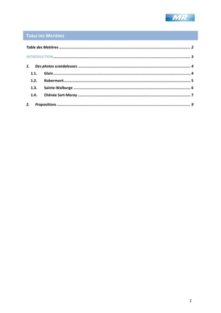 2
TABLE DES MATIÈRES
Table des Matières ...................................................................................................................... 2
INTRODUCTION........................................................................................................................... 3
1. Des photos scandaleuses ..................................................................................................... 4
1.1. Glain........................................................................................................................... 4
1.2. Robermont.................................................................................................................. 5
1.3. Sainte-Walburge ......................................................................................................... 6
1.4. Chênée Sart-Moray ..................................................................................................... 7
2. Propositions ........................................................................................................................ 9
 