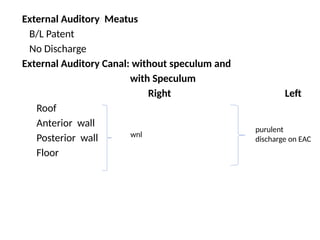 External Auditory Meatus
B/L Patent
No Discharge
External Auditory Canal: without speculum and
with Speculum
Right Left
Roof
Anterior wall
Posterior wall
Floor
wnl
purulent
discharge on EAC
 