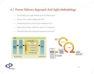 6.1 Proven Delivery Approach And Agile Methodology
         •	   Hybrid delivery by highly talented on-shore/off-shore team.

         •	   Shorter time to market enables faster ROI.

         •	   Increased productivity means lower development cost.

         •	   High quality products imply lower total cost of ownership.

         •	   Enhanced relationship & alignment between business & IT.




                                                                            P6
Caloroso
  Partners
 