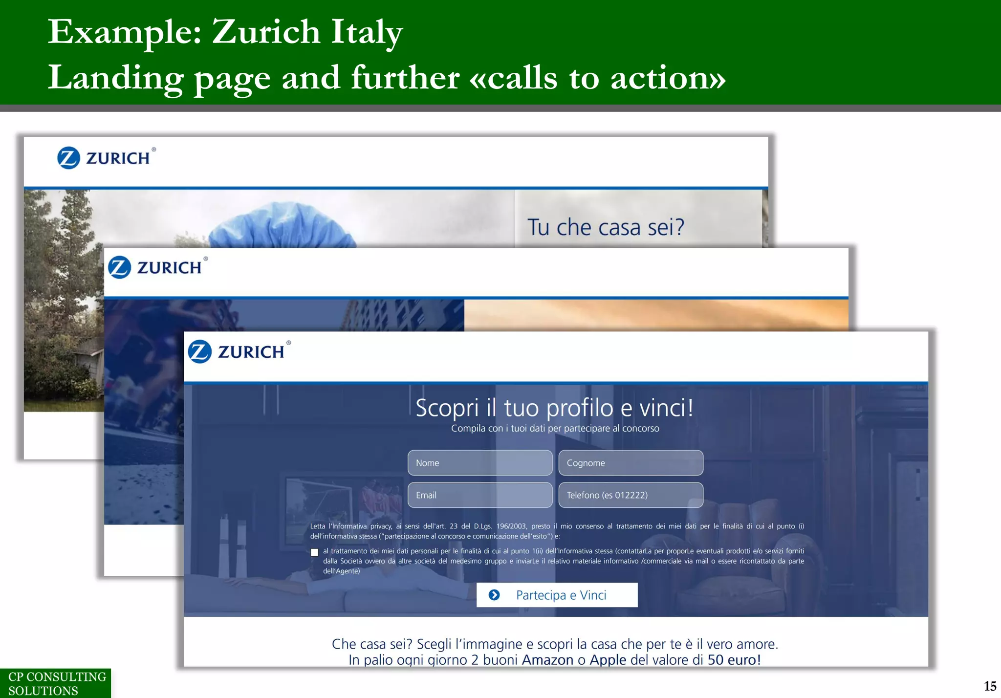 Example: Zurich Italy
Landing page and further «calls to action»
15
 