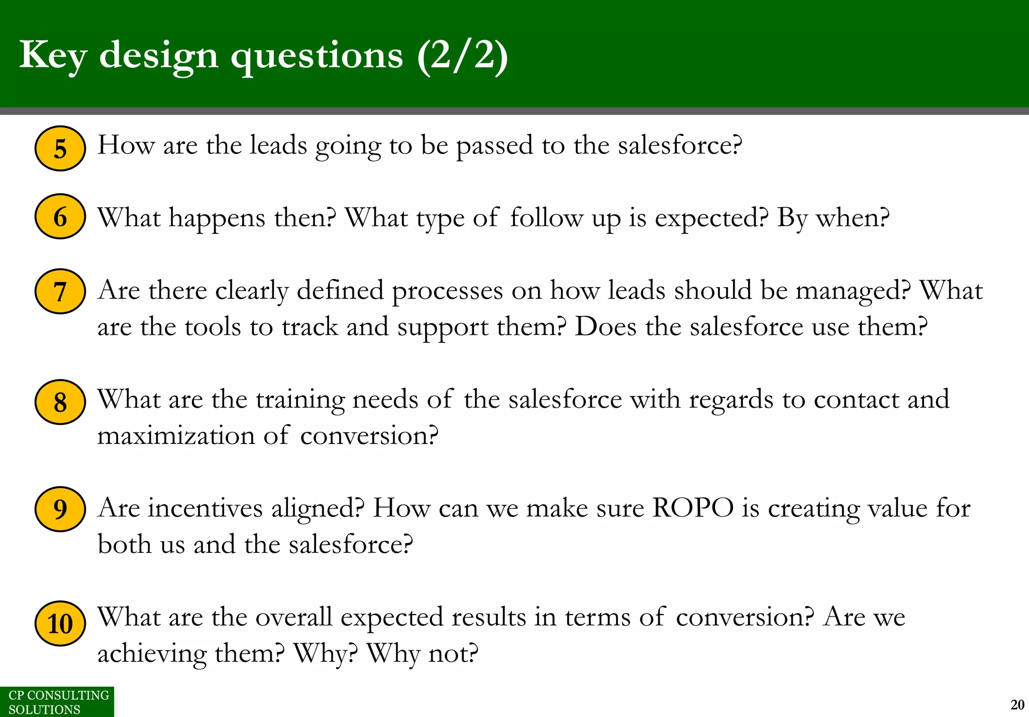 Key design questions (2/2)
20
1. How are the leads going to be passed to the salesforce?
2. What happens then? What type of follow up is expected? By when?
3. Are there clearly defined processes on how leads should be managed? What
are the tools to track and support them? Does the salesforce use them?
4. What are the training needs of the salesforce with regards to contact and
maximization of conversion?
5. Are incentives aligned? How can we make sure ROPO is creating value for
both us and the salesforce?
6. What are the overall expected results in terms of conversion? Are we
achieving them? Why? Why not?
5
6
7
8
9
10
 