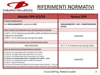 RIFERIMENTI NORMATIVI
Attuale DPR 412/93

Nuovo DPR

Campo di applicazione:
Solo RISCALDAMENTO + produzione ACS

RISCALDAMENTO + ACS + CLIMATIZZAZIONE
ESTIVA

Valori massimi di temperatura per climatizzazione invernale:
a) 18°C + 2°C di tolleranza per gli edifici adibiti ad attività industriali,
artigianali e assimilabili;
b) 20°C + 2°C di tolleranza per tutti gli altri edifici.

INVARIATO

Valori minimi di temperatura per climatizzazione estiva:
NON SPECIFICATI

26 °C - 2 °C di tolleranza per tutti gli edifici.

Orari di esercizio per climatizzazione invernale:
a) Zona A: ore 6 giornaliere dal 1° dicembre al 15 marzo;
b) Zona B: ore 8 giornaliere dal 1°dicembre al 31 marzo,
c) Zona C: ore 10 giornaliere dal 15 novembre al 31 marzo;
d) Zona D: ore 12 giornaliere dal 1° novembre al 15 aprile; - Forlì e) Zona E: ore 14 giornaliere dal 15 ottobre al 15 aprile;
f) Zona F: nessuna limitazione.
Al di fuori di tali periodi, gli impianti termici possono essere attivati […] con una
durata giornaliera non superiore alla metà di quella consentita a pieno regime.

INVARIATO

A cura dell’Ing. Matteo Casadei

3

 