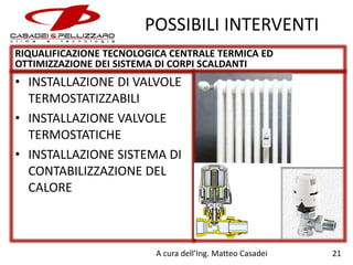 POSSIBILI INTERVENTI
RIQUALIFICAZIONE TECNOLOGICA CENTRALE TERMICA ED
OTTIMIZZAZIONE DEI SISTEMA DI CORPI SCALDANTI

• INSTALLAZIONE DI VALVOLE
TERMOSTATIZZABILI
• INSTALLAZIONE VALVOLE
TERMOSTATICHE
• INSTALLAZIONE SISTEMA DI
CONTABILIZZAZIONE DEL
CALORE

A cura dell’Ing. Matteo Casadei

21

 