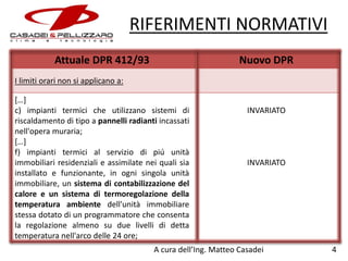 RIFERIMENTI NORMATIVI
Attuale DPR 412/93

Nuovo DPR

I limiti orari non si applicano a:
[…]
c) impianti termici che utilizzano sistemi di
riscaldamento di tipo a pannelli radianti incassati
nell'opera muraria;
[…]
f) impianti termici al servizio di più unità
immobiliari residenziali e assimilate nei quali sia
installato e funzionante, in ogni singola unità
immobiliare, un sistema di contabilizzazione del
calore e un sistema di termoregolazione della
temperatura ambiente dell'unità immobiliare
stessa dotato di un programmatore che consenta
la regolazione almeno su due livelli di detta
temperatura nell'arco delle 24 ore;

INVARIATO

INVARIATO

A cura dell’Ing. Matteo Casadei

4

 