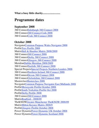 What a busy little charity...........................
Programme dates
September 2008
360 ConnectEdinburgh 360 Connect 2008
360 Connect360 Connect Cork 2008
360 ConnectCork 360 Connect 2008
October 2008
NavigatorCommon Purpose Wales Navigator 2008
ProfileTees Profile 2008
MatrixHull & Humber Matrix 2008/2009
360 Connect360 Connect 2008
360 ConnectDerby 360 Connect 2008
360 ConnectGlasgow 360 Connect 2008
MeridianDublin Meridian 2008/2009
360 ConnectNorfolk 360 Connect 2008
Special ProjectsSpecial Projects Northern Leaders 2008
360 ConnectNorthern Ireland 360 Connect 2008
360 ConnectDevon 360 Connect 2008
360 ConnectOxfordshire 360 Connect 2008
MasterclassMasterclass 2008
NavigatorCommon Purpose Navigator East Midlands 2008
ProfileMerseyside Profile October 2008
ProfileSouth Yorkshire Profile Oct 2008
ProfileDerby Profile 2008
360 Connect360 Connect 2008
MatrixBradford - 2008/09
TheKNOWGreater Manchester TheKNOW 2008/09
MatrixMilton Keynes Matrix 2008/9
ProfileGlasgow Profile October 2008
Power DynamicPower Dynamic UK October 2008
Power DynamicPower Dynamic Scotland 2008
 