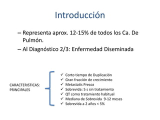 Introducción
– Representa aprox. 12-15% de todos los Ca. De
Pulmón.
– Al Diagnóstico 2/3: Enfermedad Diseminada
CARACTERISTICAS:
PRINCIPALES
 Corto tiempo de Duplicación
 Gran fracción de crecimiento
 Metastatis Precoz
 Sobrevida: 5 s sin tratamiento
 QT como tratamiento habitual
 Mediana de Sobrevida 9-12 meses
 Sobrevida a 2 años < 5%
 